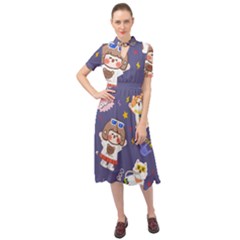 Girl Cartoon Background Pattern Keyhole Neckline Chiffon Dress
