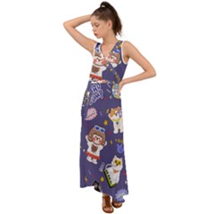Girl Cartoon Background Pattern V-Neck Chiffon Maxi Dress