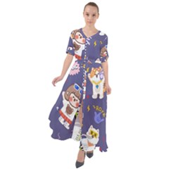 Girl Cartoon Background Pattern Waist Tie Boho Maxi Dress