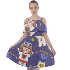 Girl Cartoon Background Pattern Cut Out Shoulders Chiffon Dress
