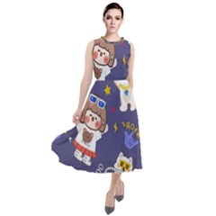 Girl Cartoon Background Pattern Round Neck Boho Dress