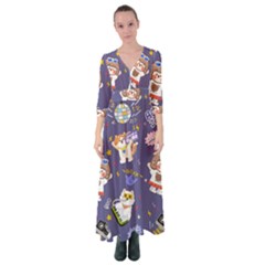 Girl Cartoon Background Pattern Button Up Maxi Dress by Sudhe