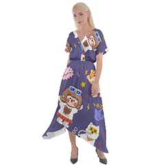 Girl Cartoon Background Pattern Cross Front Sharkbite Hem Maxi Dress