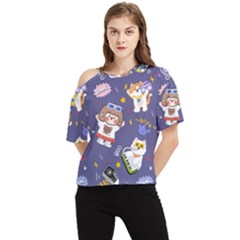 Girl Cartoon Background Pattern One Shoulder Cut Out Tee