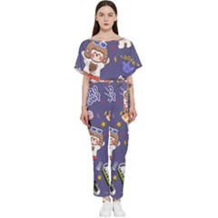 Girl Cartoon Background Pattern Batwing Lightweight Chiffon Jumpsuit