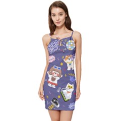 Girl Cartoon Background Pattern Summer Tie Front Dress