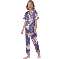 Girl Cartoon Background Pattern Kids  Satin Short Sleeve Pajamas Set