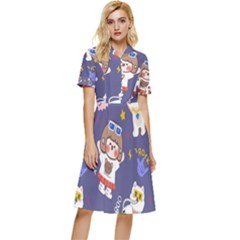 Girl Cartoon Background Pattern Button Top Knee Length Dress