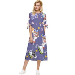 Girl Cartoon Background Pattern Bow Sleeve Chiffon Midi Dress