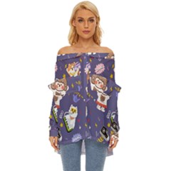 Girl Cartoon Background Pattern Off Shoulder Chiffon Pocket Shirt