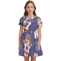 Girl Cartoon Background Pattern Kids  Bow Tie Puff Sleeve Dress