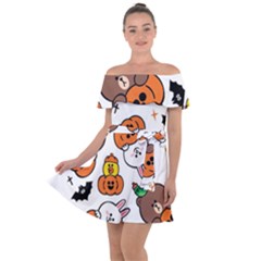 Illustration Pumpkin Bear Bat Bunny Chicken Off Shoulder Velour Dress by Sudhe