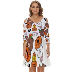 Illustration Pumpkin Bear Bat Bunny Chicken Shoulder Cut Out Zip Up Dress