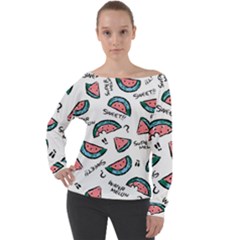 Illustration Watermelon Fruit Sweet Slicee Off Shoulder Long Sleeve Velour Top by Sudhe