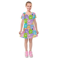 Care Bears Bear Background Cartoon Kids  Short Sleeve Velvet Dress by Sudhe