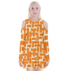 Illustration Orange Background Rectangles Pattern Velvet Long Sleeve Shoulder Cutout Dress by Amaryn4rt