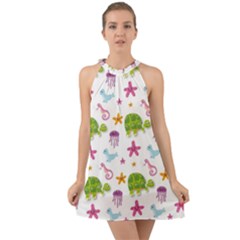 Turtles Animals Sea Life Halter Tie Back Chiffon Dress