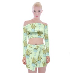 Background Pattern Green Cactus Flora Off Shoulder Top With Mini Skirt Set by Amaryn4rt