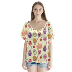 Food Illustration Cupcake Pattern Lollipop V-neck Flutter Sleeve Top by Amaryn4rt