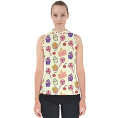 Food Illustration Cupcake Pattern Lollipop Mock Neck Shell Top