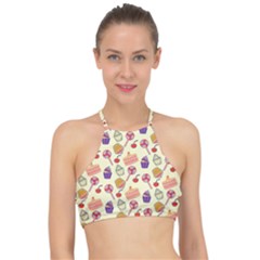 Food Illustration Cupcake Pattern Lollipop Racer Front Bikini Top by Amaryn4rt