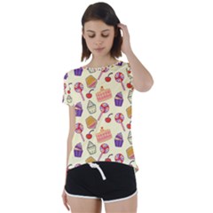 Food Illustration Cupcake Pattern Lollipop Short Sleeve Foldover Tee by Amaryn4rt