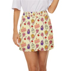 Food Illustration Cupcake Pattern Lollipop Mini Front Wrap Skirt