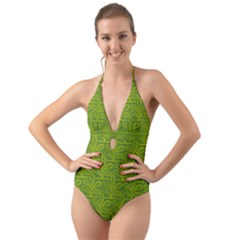 Oak Tree Nature Ongoing Pattern Halter Cut-out One Piece Swimsuit