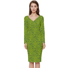 Oak Tree Nature Ongoing Pattern Long Sleeve V-neck Bodycon Dress 