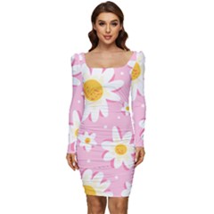 Sunflower Love Women Long Sleeve Ruched Stretch Jersey Dress by designsbymallika
