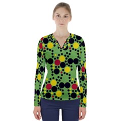 Pattern-polka Green Yelow Black V-neck Long Sleeve Top by nateshop