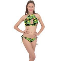 Pattern-polka Green Yelow Black Cross Front Halter Bikini Set by nateshop