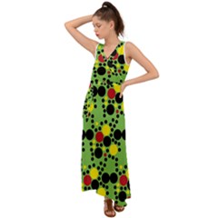 Pattern-polka Green Yelow Black V-neck Chiffon Maxi Dress by nateshop