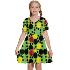 Pattern-polka Green Yelow Black Kids  Short Sleeve Tiered Mini Dress