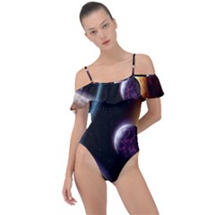 Planets In Space Frill Detail One Piece Swimsuit by Sapixe