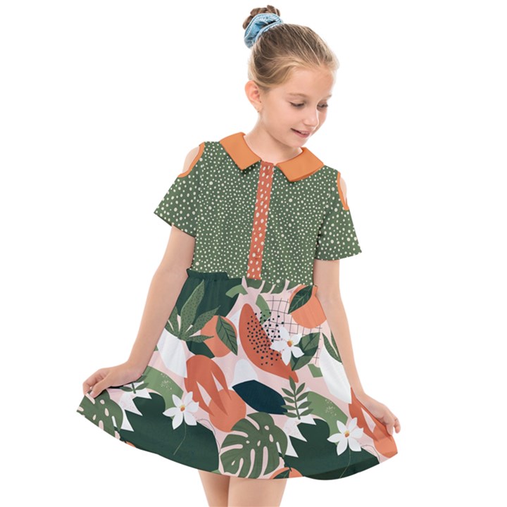 tropical polka plants 2 Kids  Short Sleeve Shirt Dress