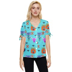 Illustration Design Gardening Texture Bow Sleeve Button Up Top