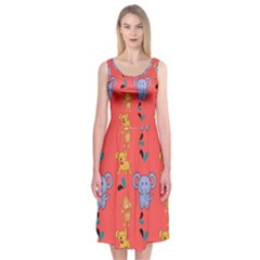 Illustration Elephant Cartoon Animal Monkey Midi Sleeveless Dress by danenraven