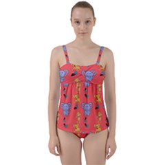 Illustration Elephant Cartoon Animal Monkey Twist Front Tankini Set by danenraven