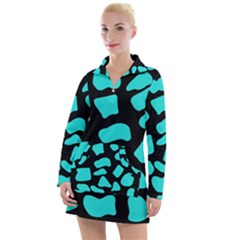 Neon Cow Dots Blue Turquoise And Black Women s Long Sleeve Casual Dress by ConteMonfrey