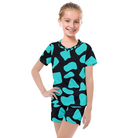 Neon Cow Dots Blue Turquoise And Black Kids  Mesh Tee And Shorts Set by ConteMonfrey