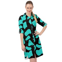 Neon Cow Dots Blue Turquoise And Black Long Sleeve Mini Shirt Dress by ConteMonfrey