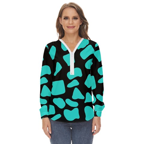 Neon Cow Dots Blue Turquoise And Black Zip Up Long Sleeve Blouse by ConteMonfrey