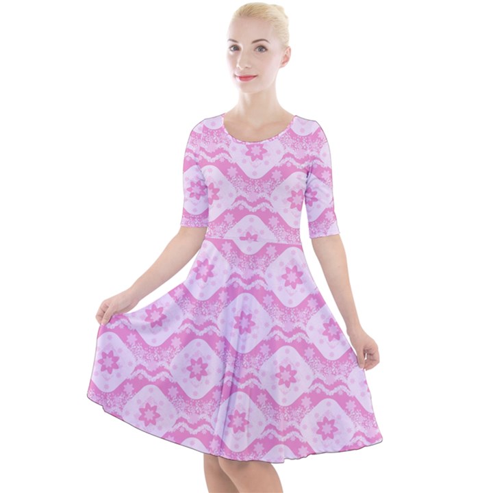 Illustration Background Pink Flower Abstract Pattern Quarter Sleeve A-Line Dress