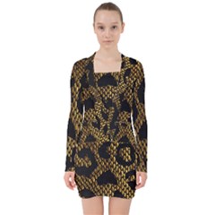 Metallic Snake Skin Pattern V-neck Bodycon Long Sleeve Dress