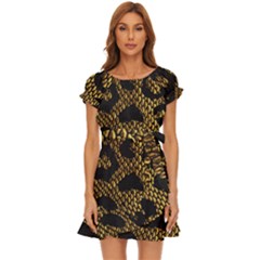 Metallic Snake Skin Pattern Puff Sleeve Frill Dress