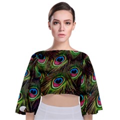 Peacock Feathers Color Plumage Tie Back Butterfly Sleeve Chiffon Top by Celenk