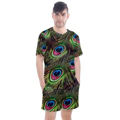 Peacock Feathers Color Plumage Men s Mesh Tee And Shorts Set by Celenk