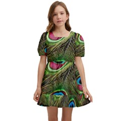 Peacock Feathers Color Plumage Kids  Short Sleeve Dolly Dress by Celenk