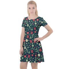 Flowering Branches Seamless Pattern Cap Sleeve Velour Dress 